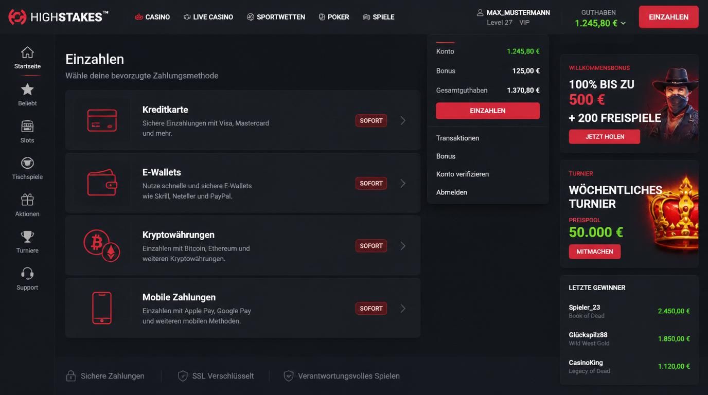 Ein Spieler wählt deutsche Einzahlungsmethode (z. B. Apple Pay, Kreditkarte).