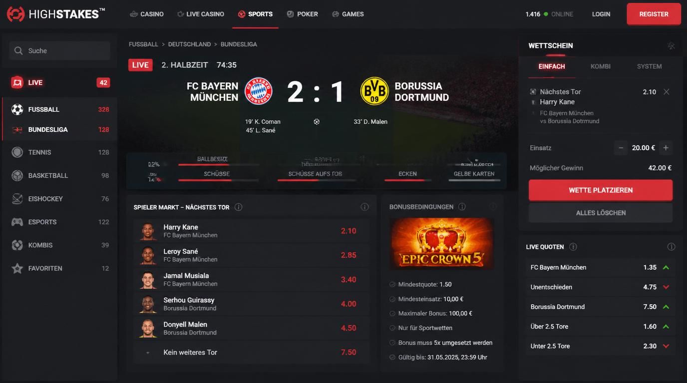Ein Live-Quoten Interface mit Bonushinweisen und einem Fußballspiel im Hintergrund.