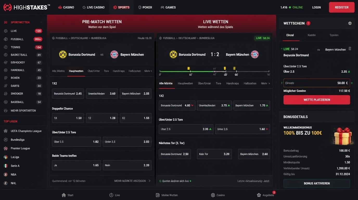 Live-Wetten vs Pre-Match Darstellung mit hervorgehobenen Live-Wert.