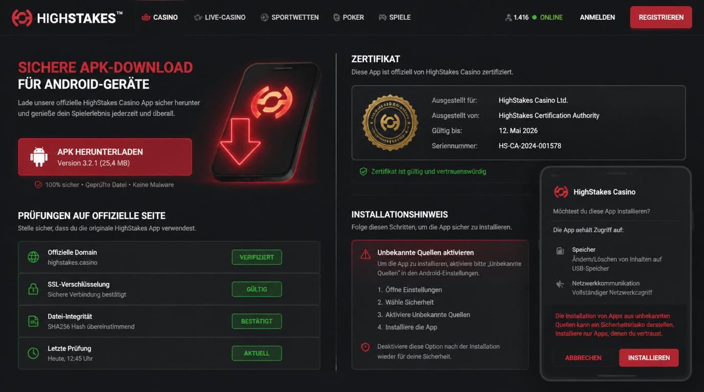 Sicherer APK-Download und Überprüfung von Zertifikat und Quelle bei High Stakes Casino App