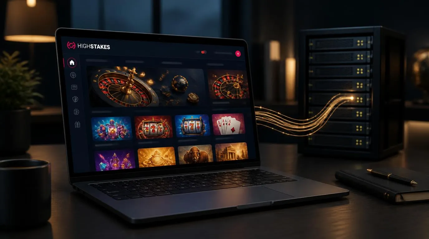 Casino-Lobby auf einem Laptop mit Spielkacheln und einer grafisch dargestellten Serververbindung