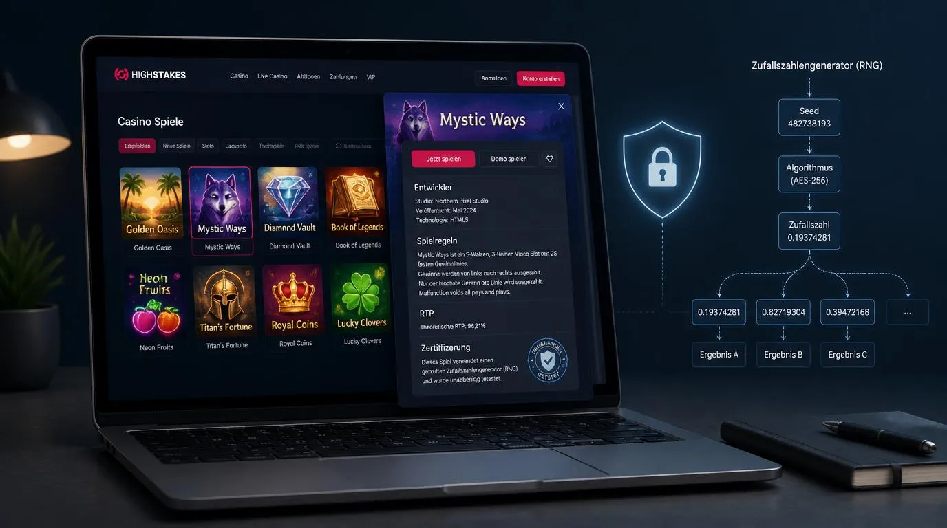 Casino-Spieloberfläche mit Spielregeln, Entwicklerangabe und Symbol für unabhängig geprüfte Software