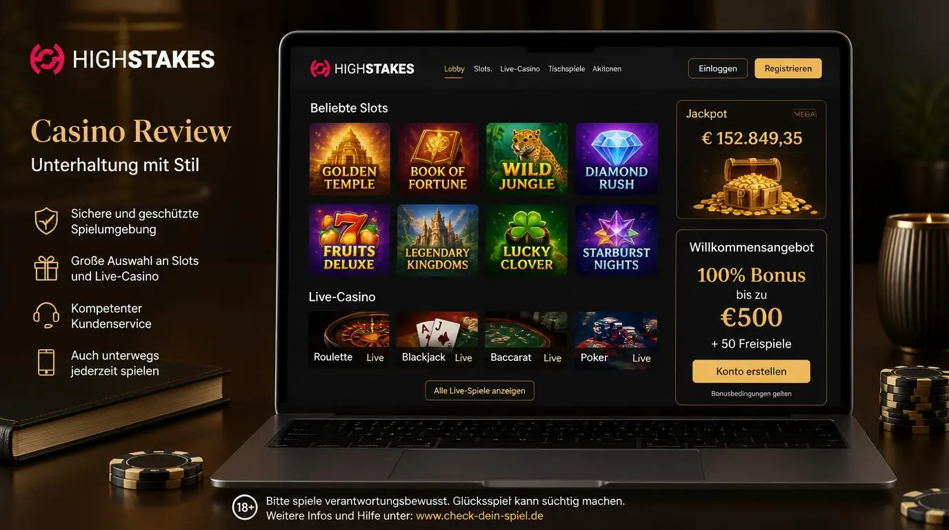 Casino-Oberfläche mit Slot-Auswahl, Live-Dealer-Tischen und hervorgehobenem Willkommensangebot