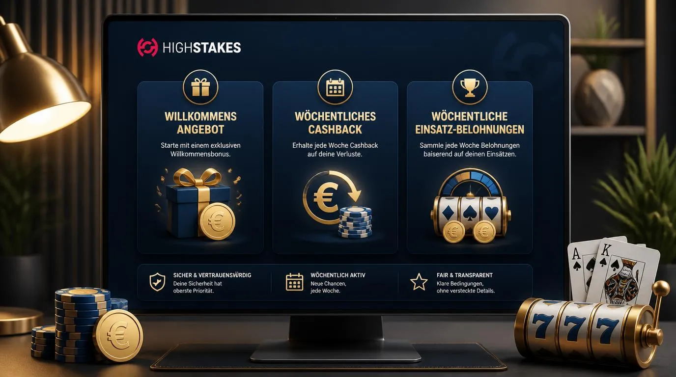 Casino-Bonusübersicht mit Willkommensangebot, wöchentlichem Cashback und Einsatzprämien